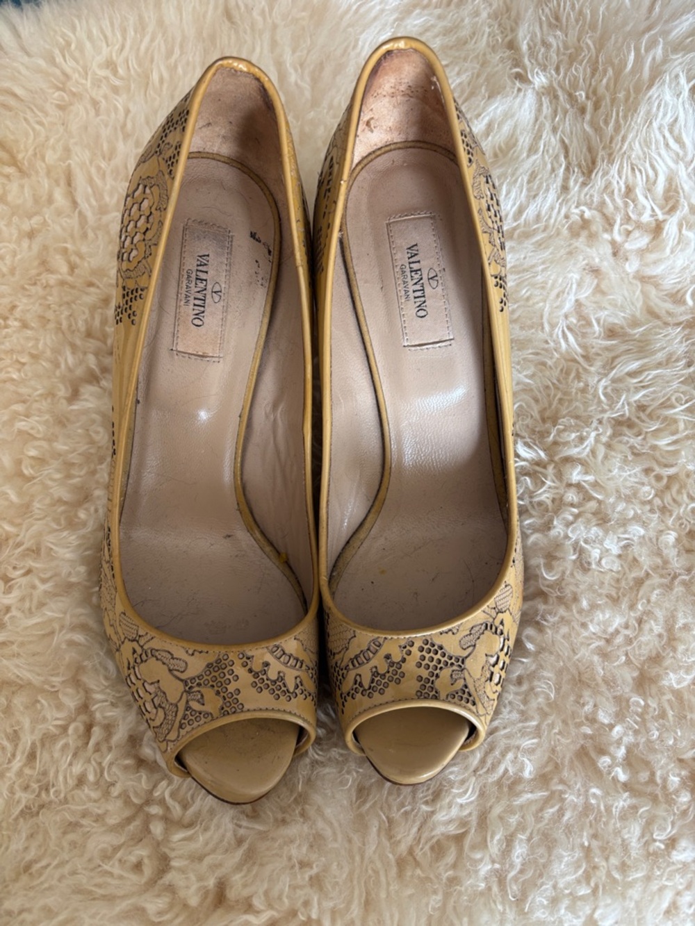 Valentino Yellow Embroidered Peep-Toe Heels